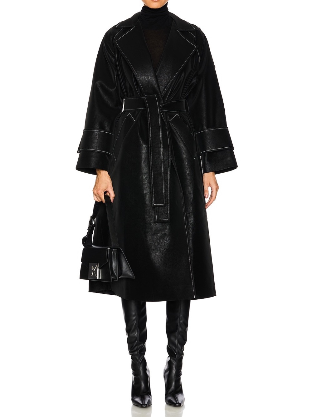 Selmacilek Faux Leather Stitch Trench Coat Black Belted Longline Jacket XS NWT